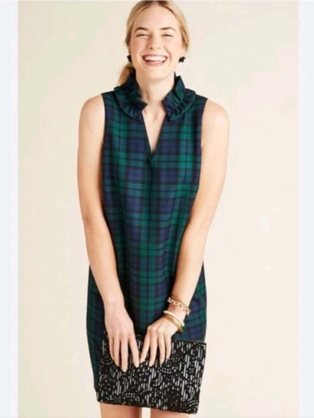 Vineyard Vines Green & Navy Plaid Blackwatch Meredith  Ruffle-Neck Dress Sz 0